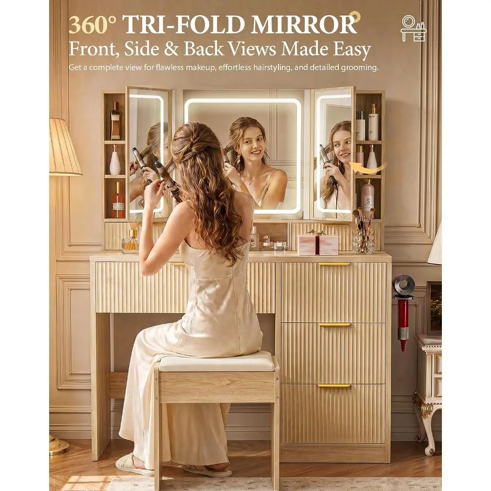 Vanity Desk with 3-Way Mirror and Lights, Makeup Vanity with 360° View Mirror, 3 Lighting es, 6 Ders,StoraCainet luted Wood Vani