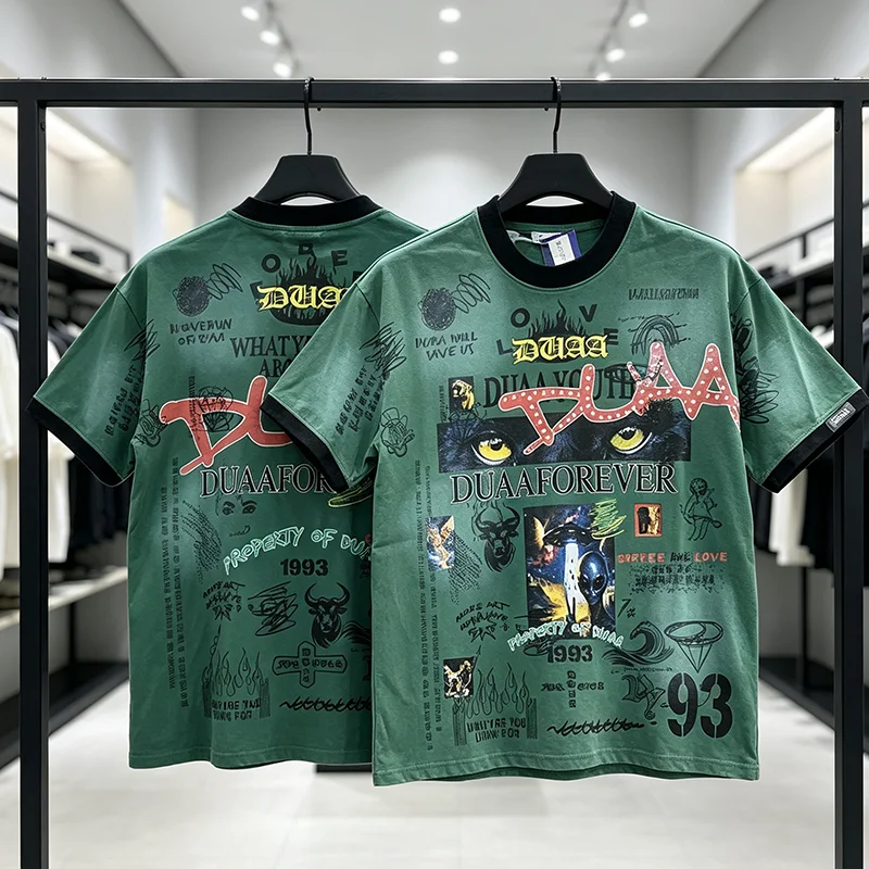 DUAA Vintage Faded Graffiti Art Streetwear Ringer Short Sleeve Tee Top