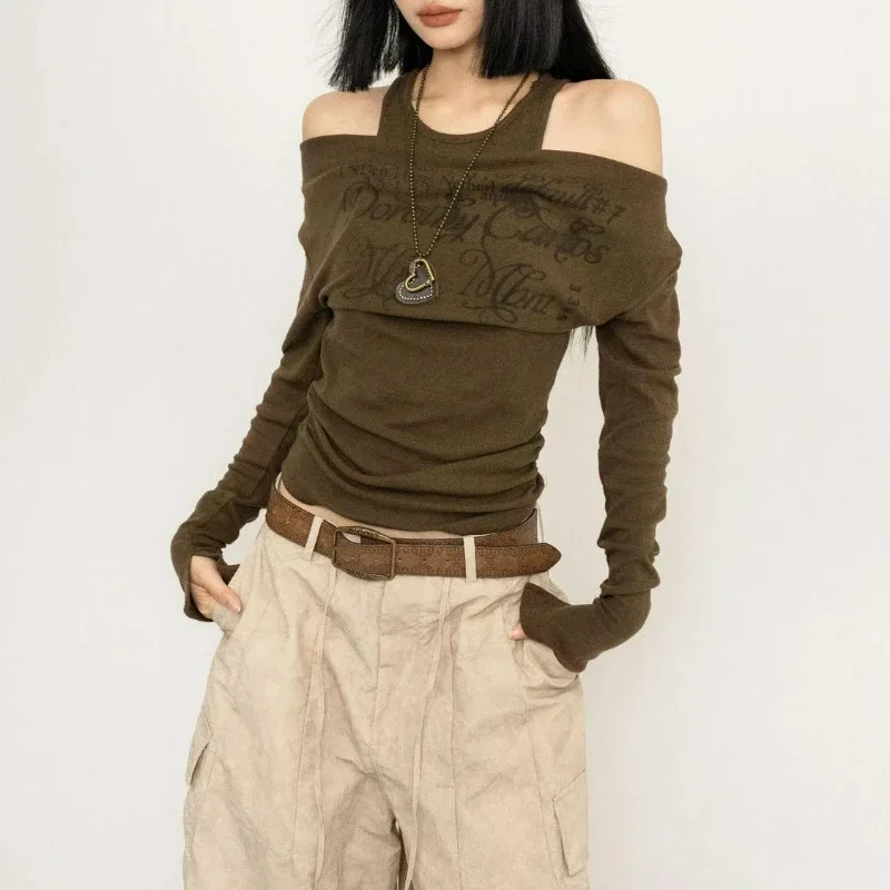 

Women Vintage Letter Print Gothic Harajuku Aesthetic Streetwear Y2K T Shirt Female Sexy Off Shoulder Long Sleeve Slim Top Grunge