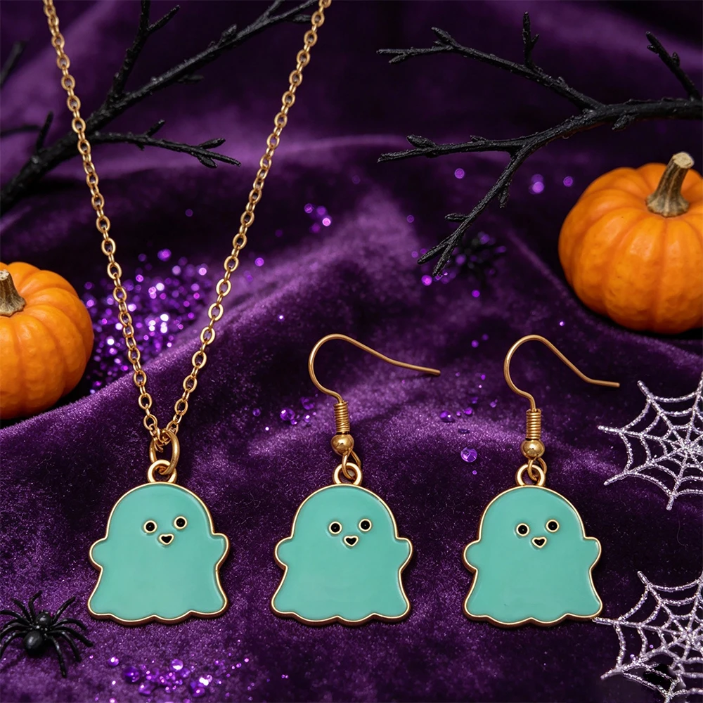 Halloween Cute Ghost Jewelry Set, Oil-Drip Small Ghost Necklace and Earrings Two-Piece Set, Holiday Party Accessory Gift