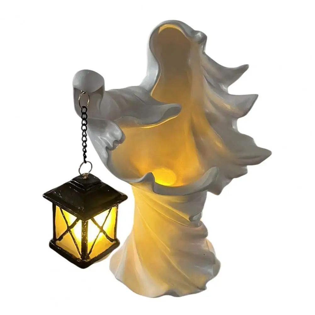 Home Balcony Windowsill Decor Halloween Ghost Messenger Resin Figurine Witch Lantern Candle Holder with Warm Glow Waterproof