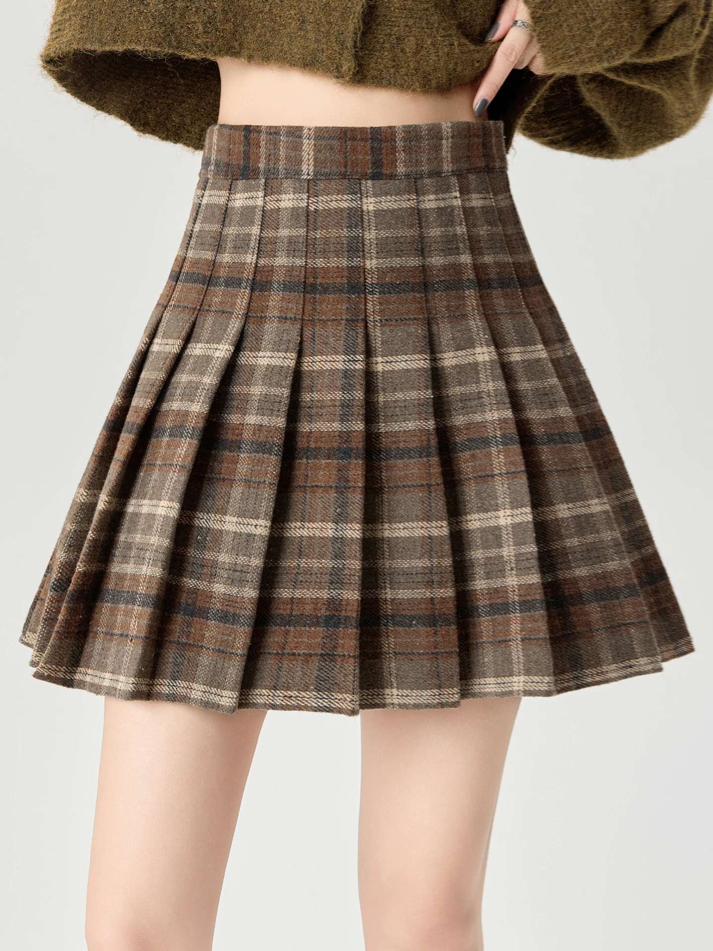 Khaki Woolen Plaid  Skirt High Waist Women's plus Size Spring New Style A-Line Skirt Anti-Light Commute Casual Skirt