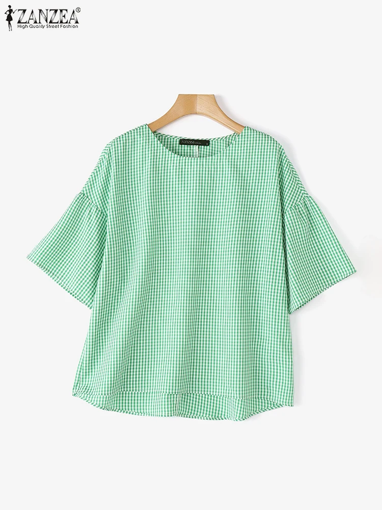 

Casual Loose Tunic Plaid Blouse Women Summer Tops 2025 ZANZEA Fashion 3/4 Sleeve Blusas Oversized O Neck Pullovers