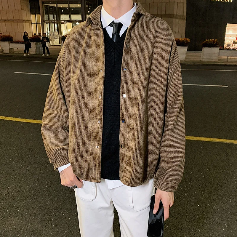 Thickened Woolen Shirt Men's Hong Kong Style Versatile Autumn Winter Lazy Fashion Trendy Long Sleeve Loose Fit Youth Shirt