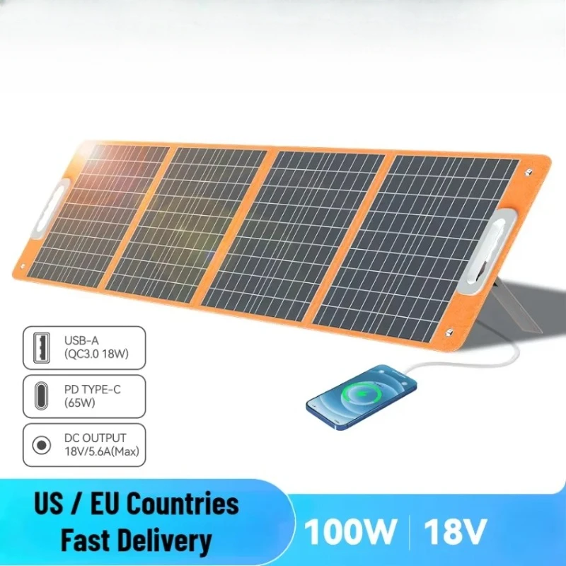 Foldable Solar Panel 100W 18V Solar Charger with DC Type-c/QC3.0 Output Charge for Power Station Van RV Road Trip Camping