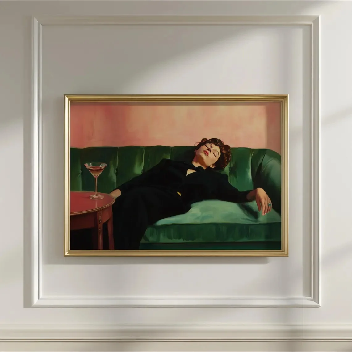 

Woman on Couch With Martini Soft Tonal Oil Painting Cocktail Poster Decor for Room Wall Posters Home Interior Decoration