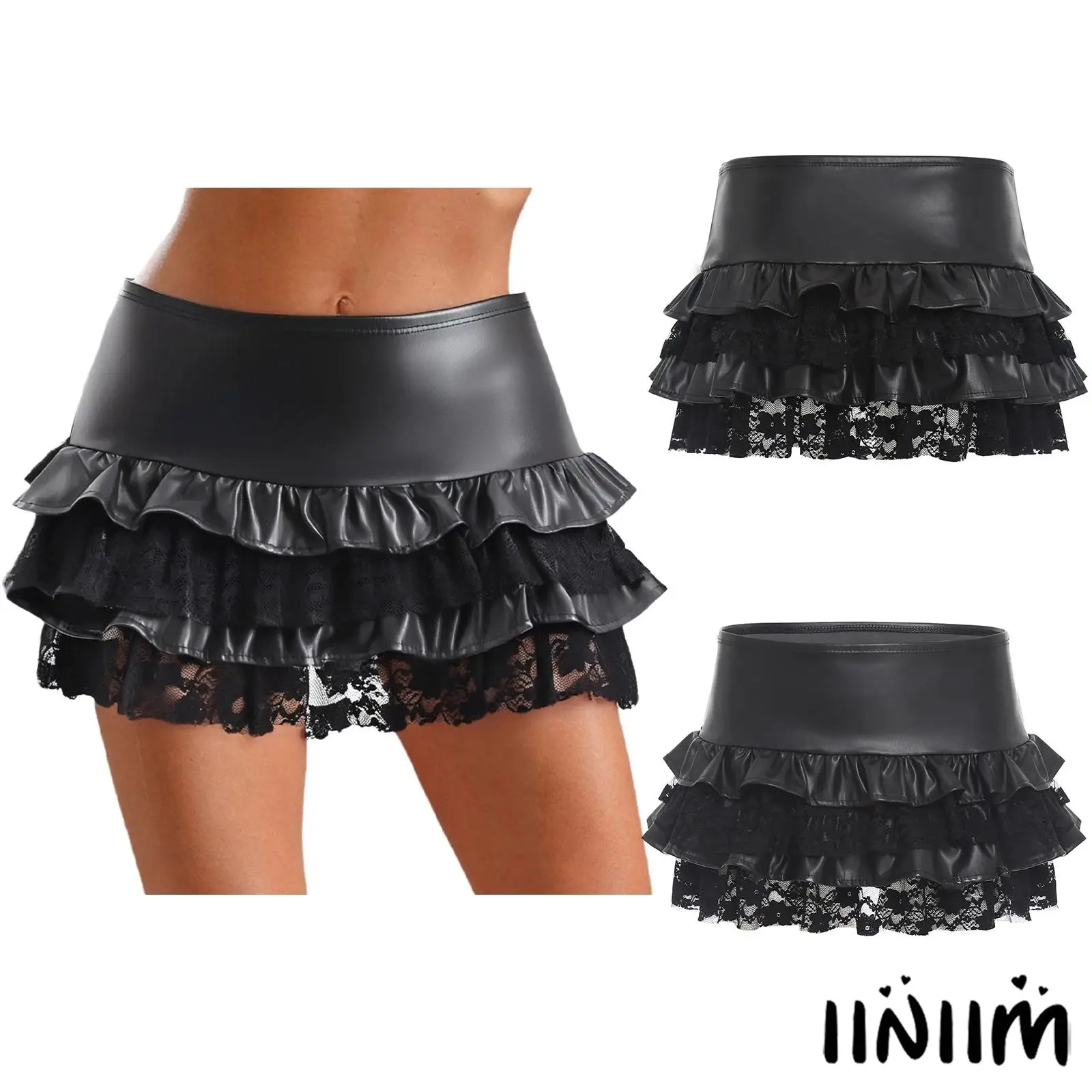 

Womens Punk Skirt Low Waist Gothic Floral Lace Patchwork Miniskirt with Dramatic Tiered Ruffles for Halloween Party Jazz Events