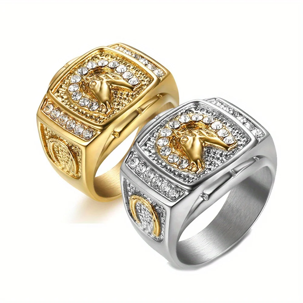 

Animal Horse Titanium Steel Gold Silver Color Clear CZ Men Ring Wedding Jewelry Punk Rock Male Biker Band Hip Hop