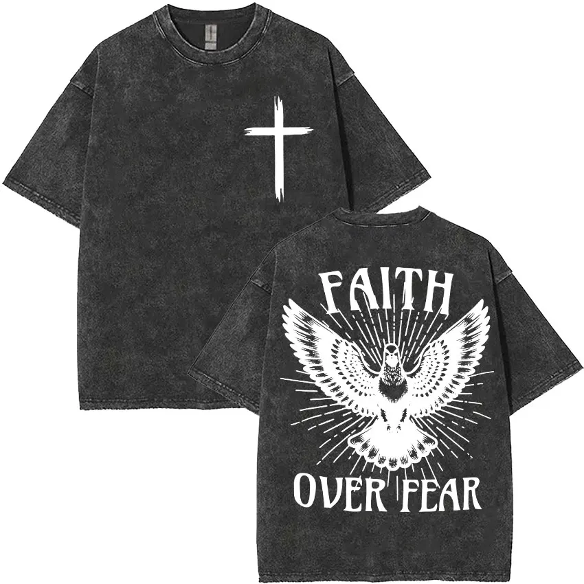 

Faith Over Fear Christian Bible Verse Religious Jesus Print T Shirts Men's Gothic Vintage Washed Short Sleeve T-shirt Streetwear