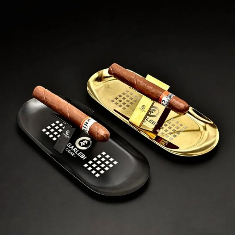 New Black Gold 2/3 Pieces Set Metal Cigar Tray Stand Scissors Kit Ashtray for Cohiba Accessories Ash Catcher Oval Shape Man Gift