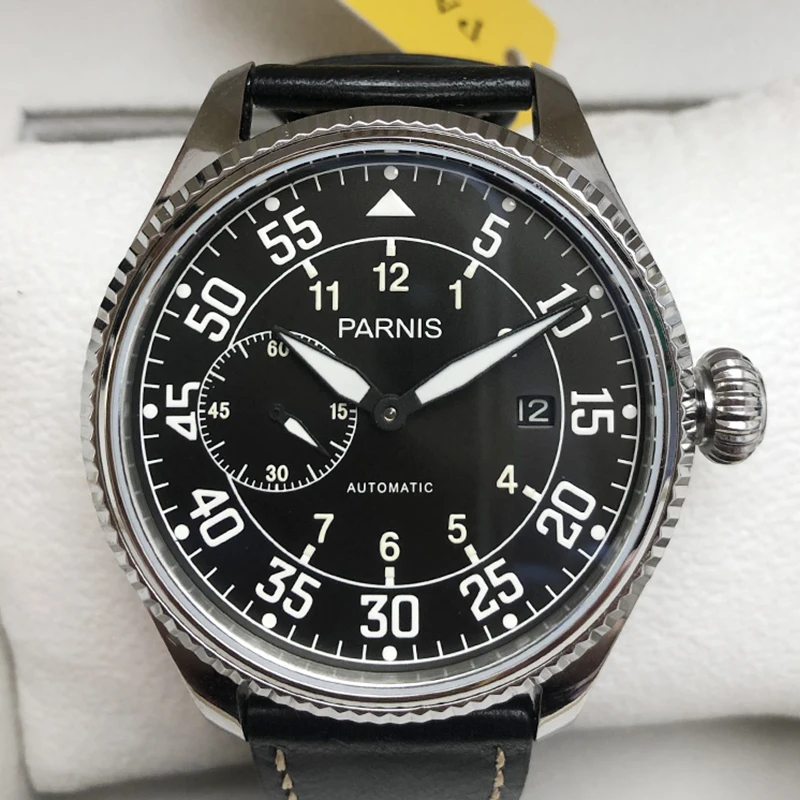 Fashion Parnis 45mm Black Dial Automatic Watch Man Power Reserve Mechanical Watches Leather Waterproof Watch Men relojes Hombre