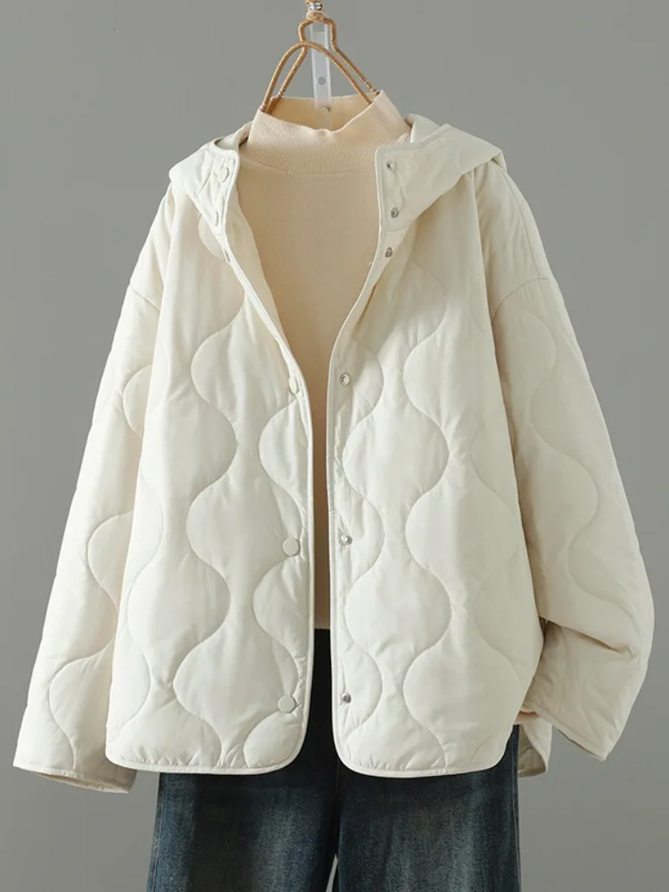 

Легкая теплая женская зимняя куртка с капюшоном из хлопка и пуха, свободного кроя, с длинными рукавами, для улицы и дома, модная, художественная, в стиле оверсайз