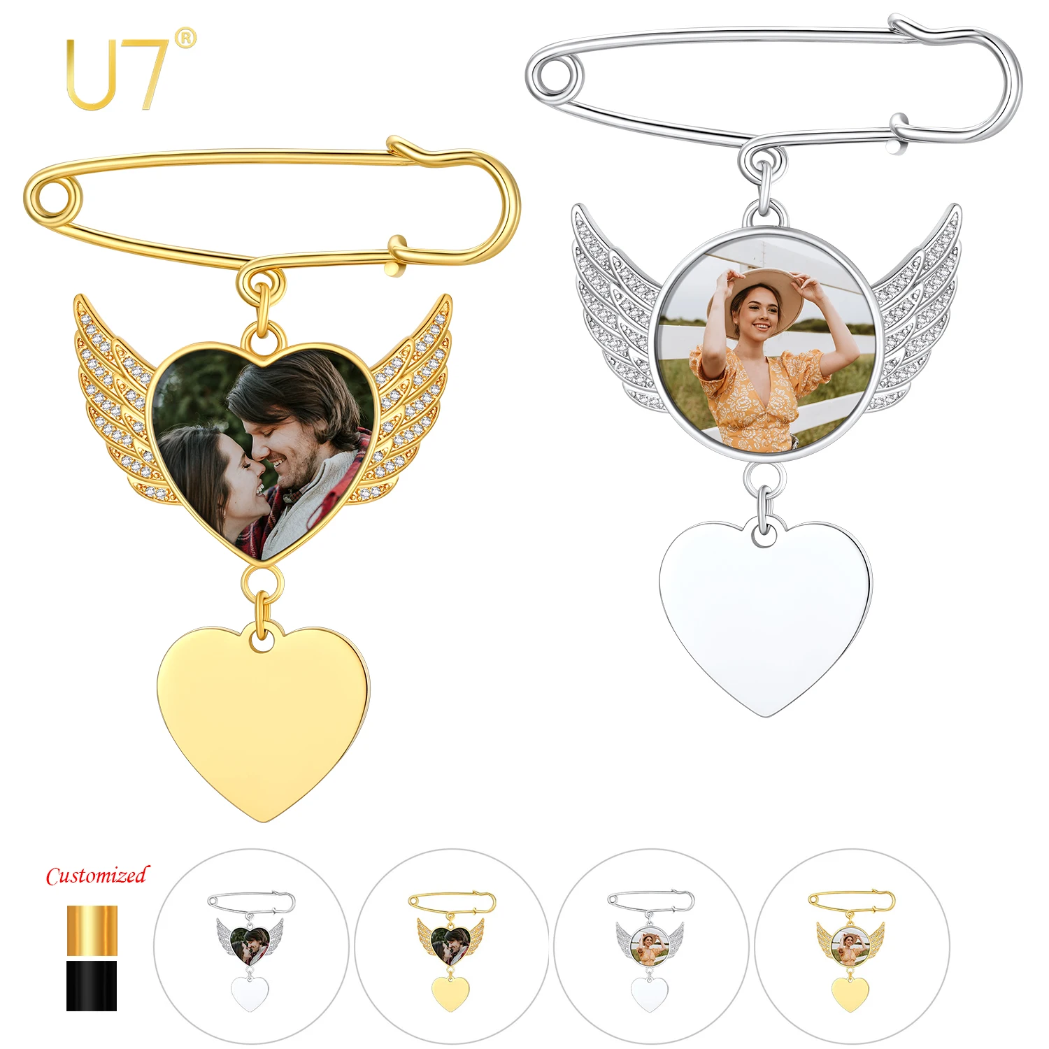 U7 Custom Wedding Bouquet Photo Brooches A+++ CZ Angel Wings Heart & Round Photo Text Charm Funeral Pin Memorial Jewlery Gift