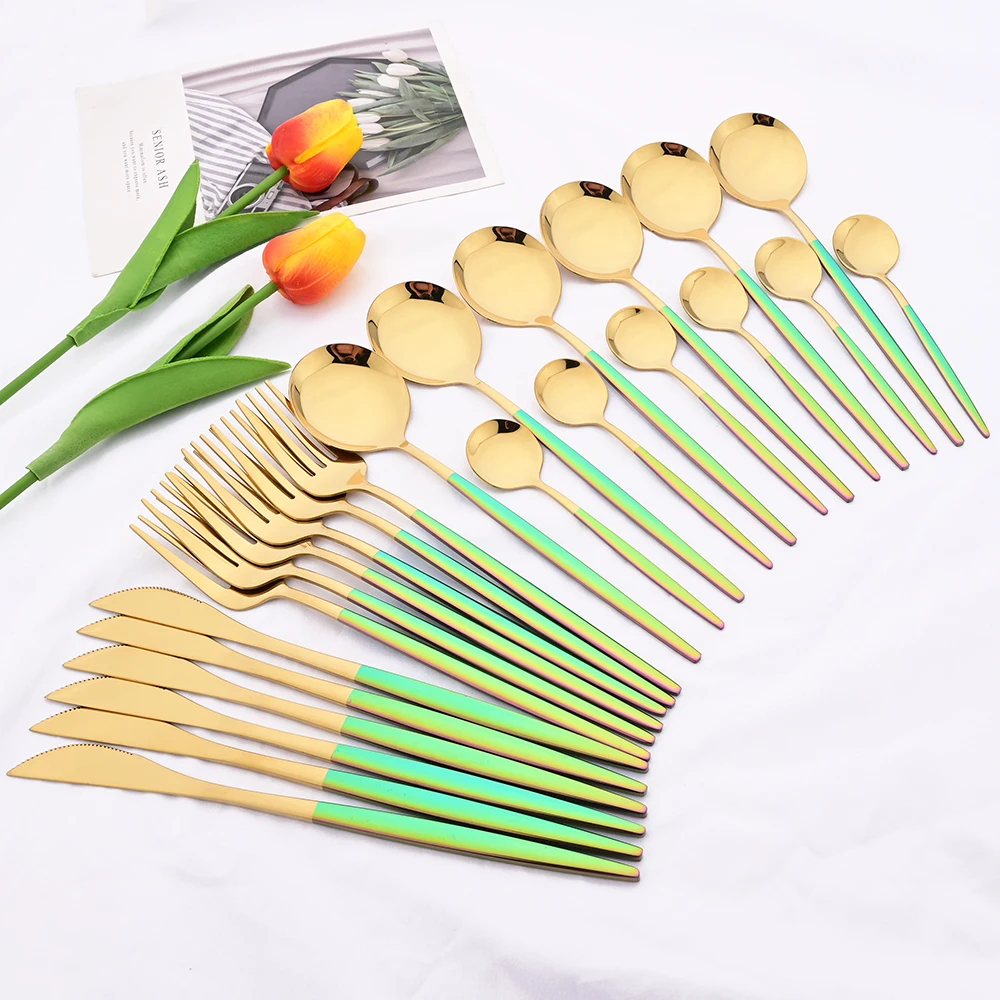 24Pcs Mirror Colorfu Handle Gold Dinnerware Cutlery Set Stainless Steel Knife Fork Spoon Flatware Set Western Kitchen Tableware