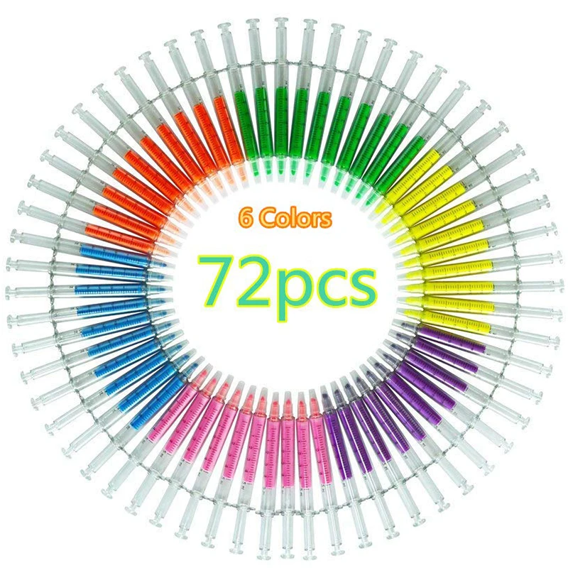 72Pcs Colorful Highlighter Pen Syringe Ink Pens Needle Doctor Nurse Hospital Colors Highlighter Marker