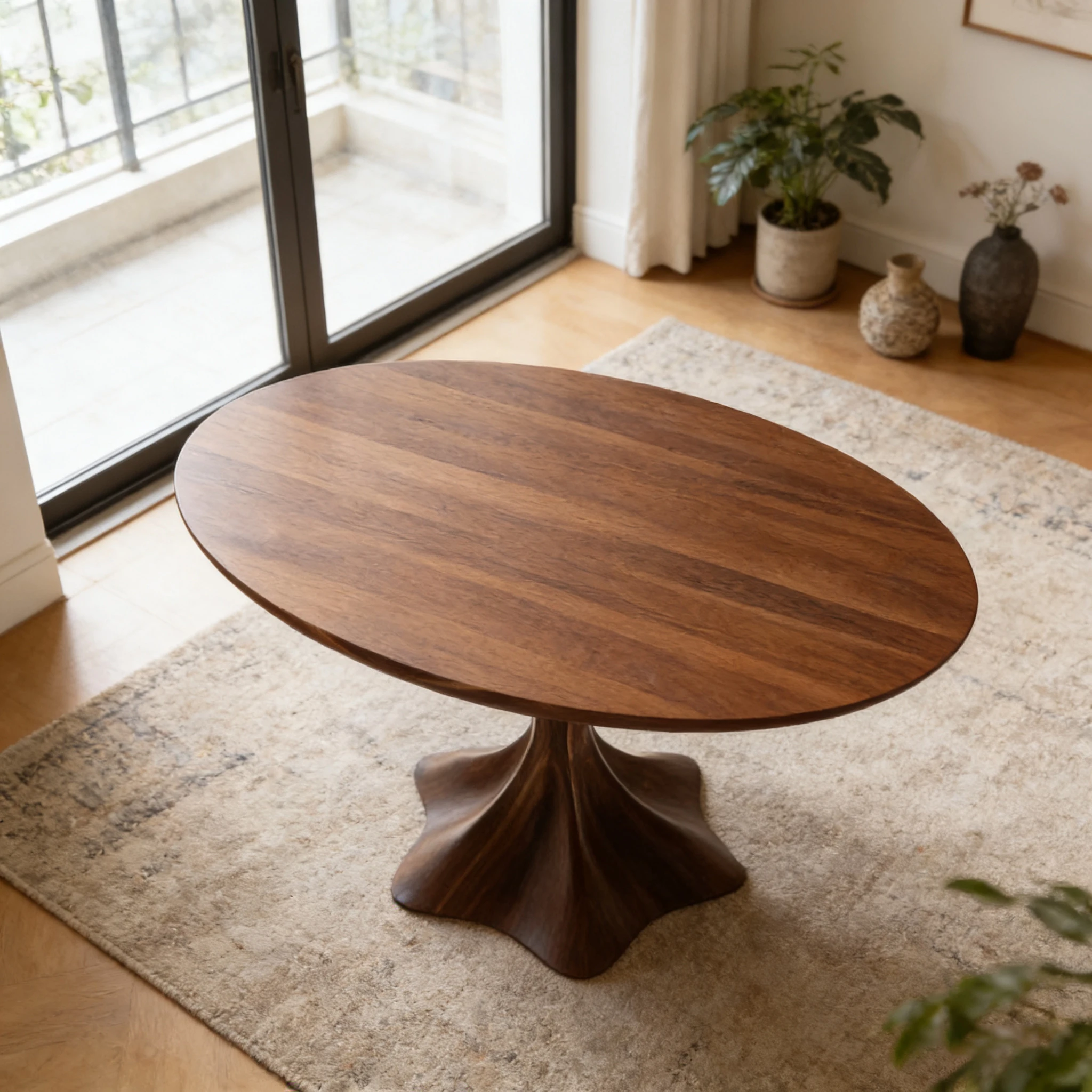 S*-Luxury Fluted Pedestal Round Dining Table Portable Mid-Century Modern Walnut Finish