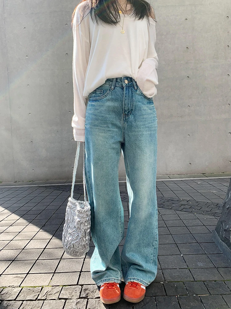 

Свободные прямые джинсы с высокой талией синего цвета, утягивающие длинные брюки с эффектом ноги, повседневные женские джинсовые брюки