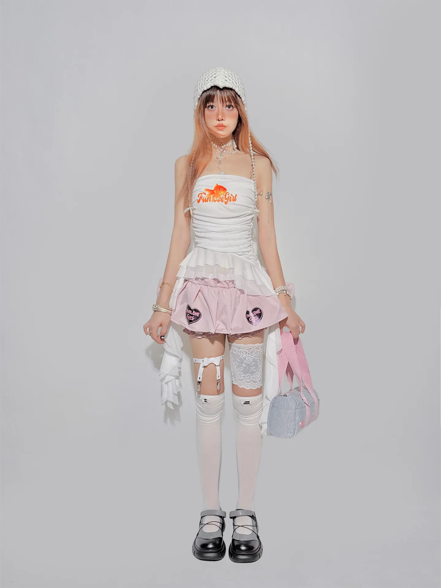 IMU Original Design Sweet Cute Pink Cake Skirt Hot Girls Elastic Waist Metal Shaped Heart Print Kawaii Short Mini A-line Skirt P