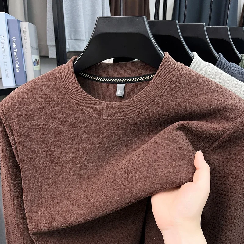 Autumn Mens Textured Waffle Knit Top Crew Neck Long Sleeve Pullover Breathable Fabric Casual Apparel