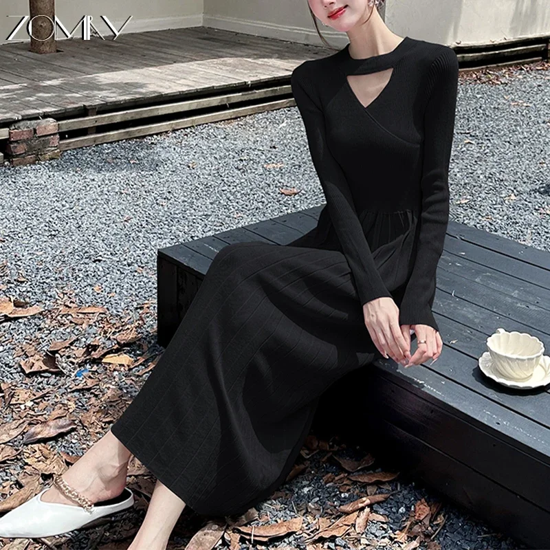 ZOMRY Korean Retro Y2K Slim Knitted Long Dress Autumn New Fashion Women\'s Elegant Versatile Solid Color Casual Pleated Vestidos