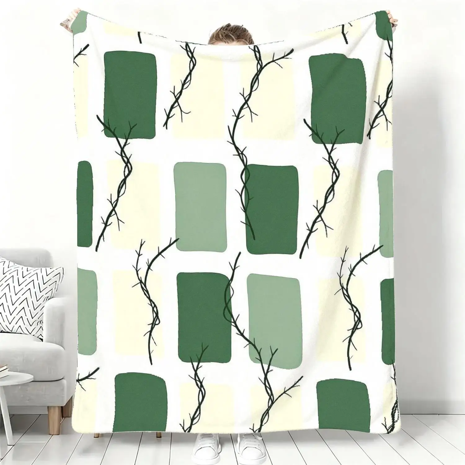 [Flannel Blanket] Geometric Pattern Flannel Blanket, Modern Minimalist Natural Plant Color-Blocking Design, Living Room Sofa Decoration, Gift for Plant Enthusiasts