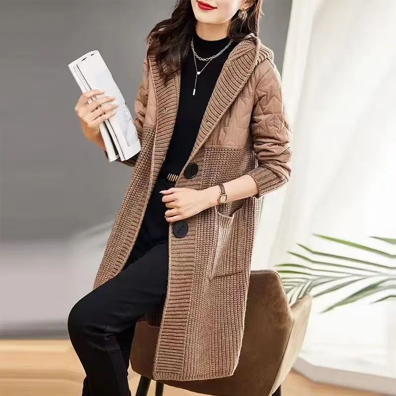 Women\'s Cardigan Coat Autumn Winter Patchwork Pockets Solid V-neck Long Sleeved Knitted Sweater Jacket Fashion Casual Lady Tops