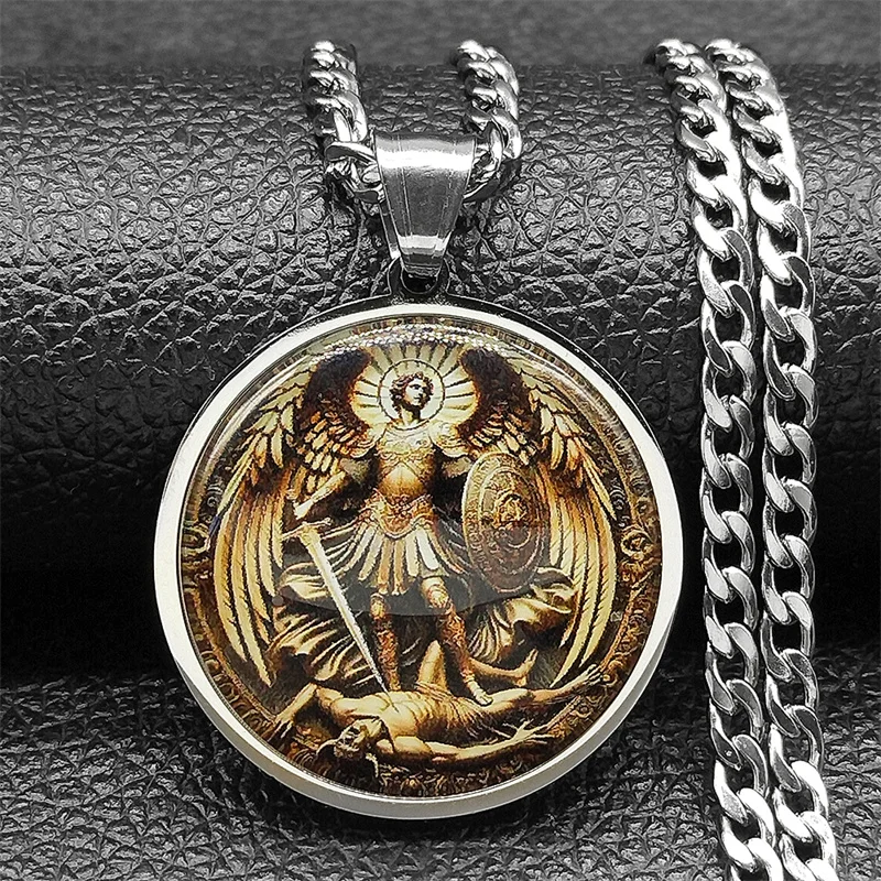 SAINT MICHAEL PROTECT US Archangel Stainless Steel Round Glass Medal Pendant Necklace for Women Men Gold Color Chain Jewelry view 2