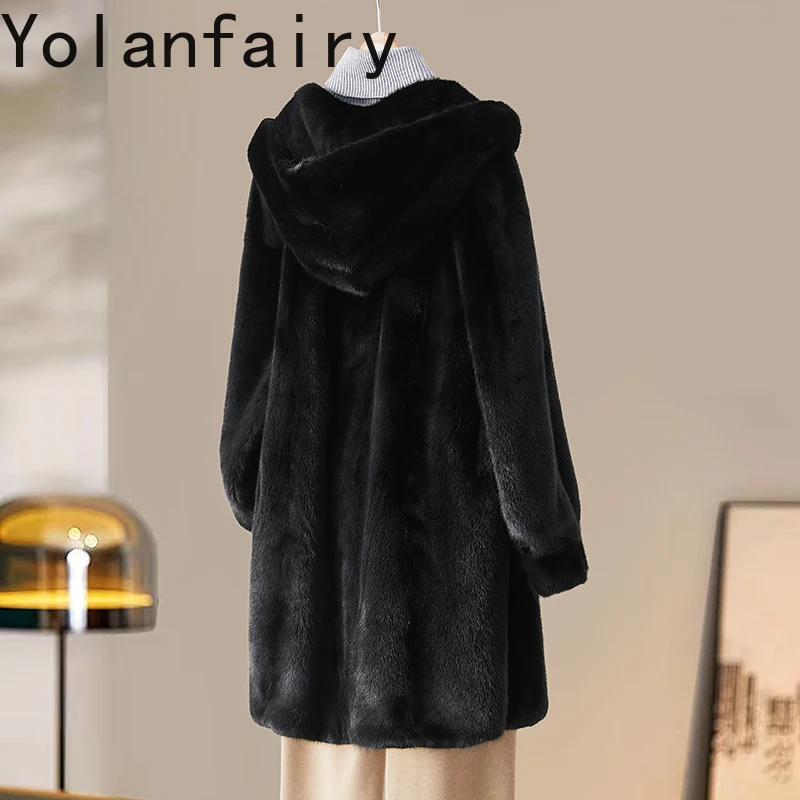 YOLANFAIRY Echt Bont Jas Vrouw Natuurlijke Hele Nertsen Bontjas Vrouwen Kleding Herfst Winter Mid-lengte Capuchon Bontjassen outwears