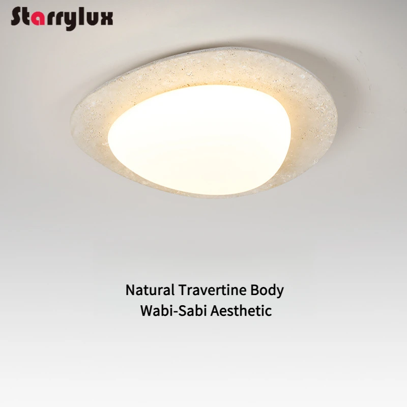 

Wabi-Sabi Travertine Ceiling Light, Japanese Vintage Wood Style, 3-Color LED for Bedroom/Study, Rotational Molded Shade3