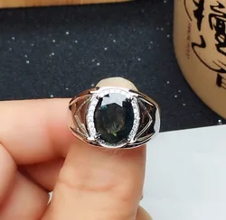 Natural Black Sapphire Ring for Man 2ct 10mm*12mm Sapphire Man Ring Silver Ring Solid 925 Silver Peridot Jewelry