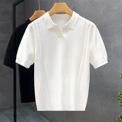 Vintage Lapel Button Mens Knit Polo Shirt Short Sleeve Solid Color Knitting Polo Men Tops Casual Breathable Slim Knitted T Shirt