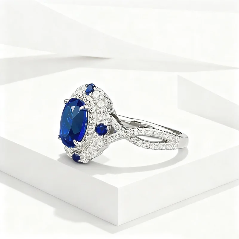 New product: 100% S925 silver 6 * 8mm simulated royal blue oval ring, court style antique fashion wedding jewelry