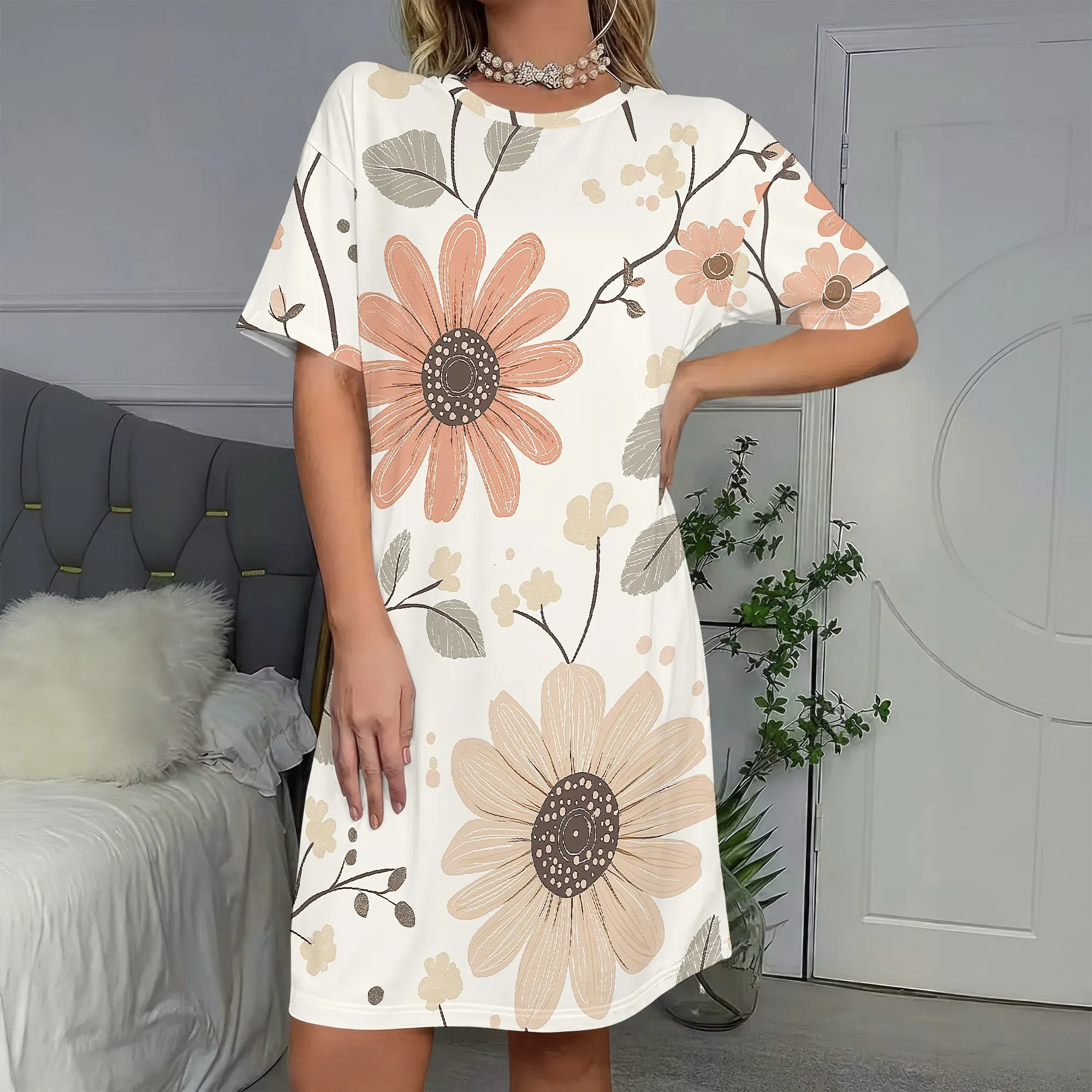 

Floral Print, Short Sleeve Dress, Loose Fit Tunic, Boho Summer Wear, Beach Vacation Outfit, Casual Daywear, S-2XL