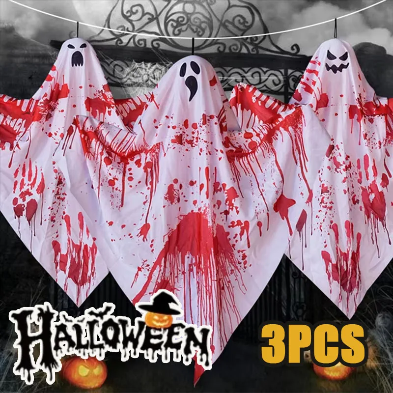 3PCS Halloween Ghostly Bloodcloth Hanging Set Haunted House Escape Room Horror Props Decor for Party Scene Setup