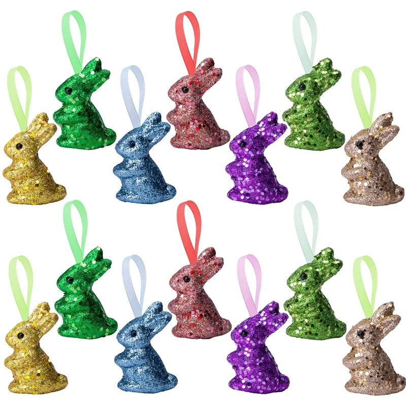 14 PCS Easter Foam Glitter  Ornament Glitter Bunny Hanging Ornament For Easter Party Supplies DIY Decoration Gift