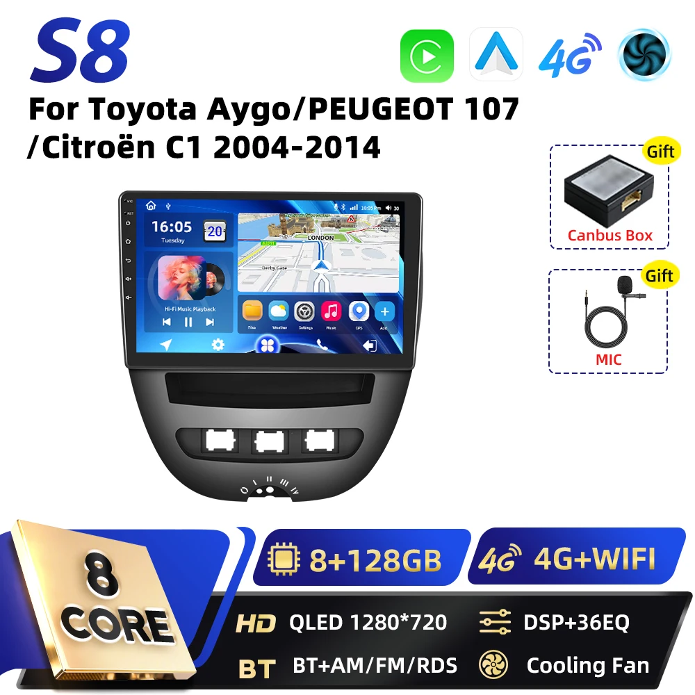 Podofo 8-Core Carplay 2DIN Android autoradio voor Toyota Aygo 2004-2014, Peugeot 107, Citroën C1, Snapdragon GPS FM RDS