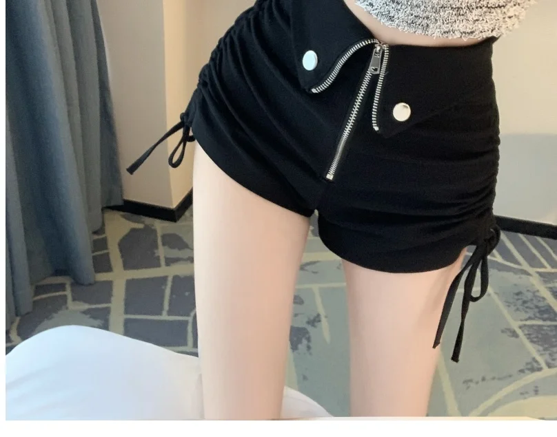 กางเกงขาสั้นผู้หญิง สไตล์เกาหลี มินิมอล เหมาะสำหรับใส่ไปทำงาน เอวสูง ผ้าเนื้อดี ทรงตรงเล็กน้อย มีจีบ ดูหรูหรา สีเทา ดำ ครีม เบจ