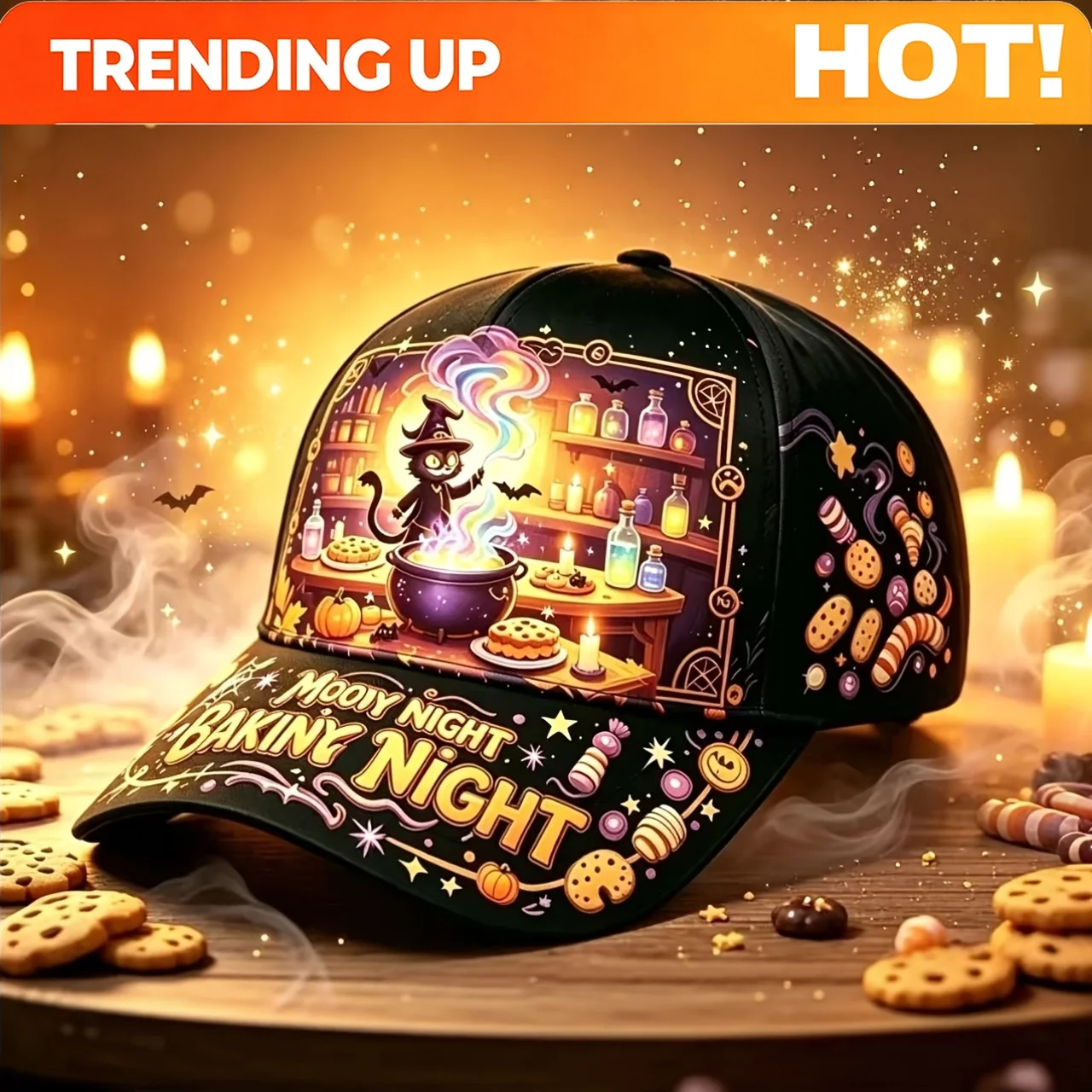Custom For Halloween Witch Black Cat Brewing Potion Baseball Cap, Magic Cauldron Pumpkin Cookie Candy Bat Print Dad Hat, Moonlit