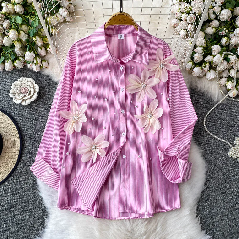 

SuperAen с длинными рукавами и вышитыми расклешенными объемными цветами, дизайнерская рубашка с лацканами, женские летние свободные повседневные рубашки в полоску