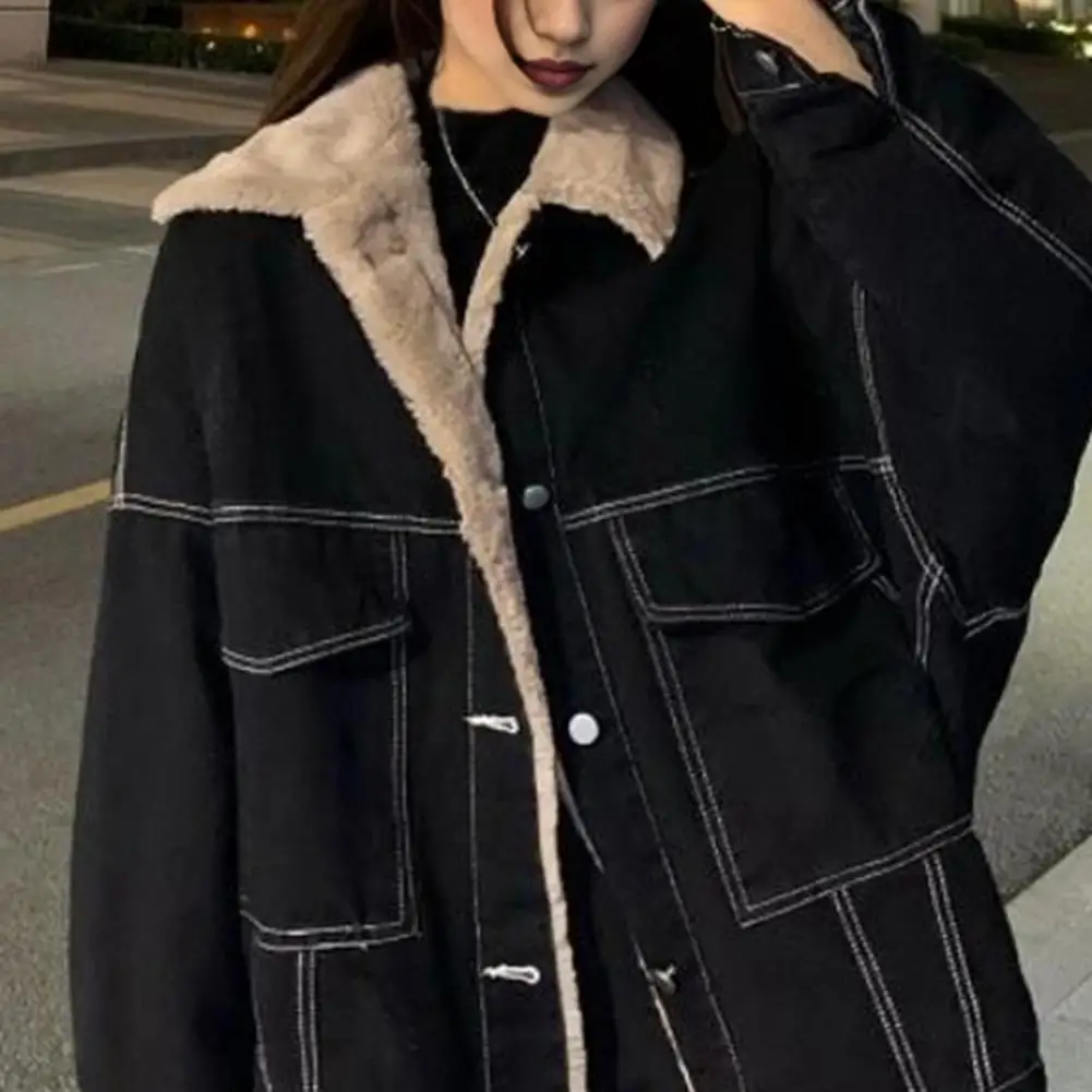 

Women Jacket Thick Plush Lined Solid Color with Pockets Lapel Single-breasted Long Sleeves Warm Loose Denim Jacket Daily Outdoor