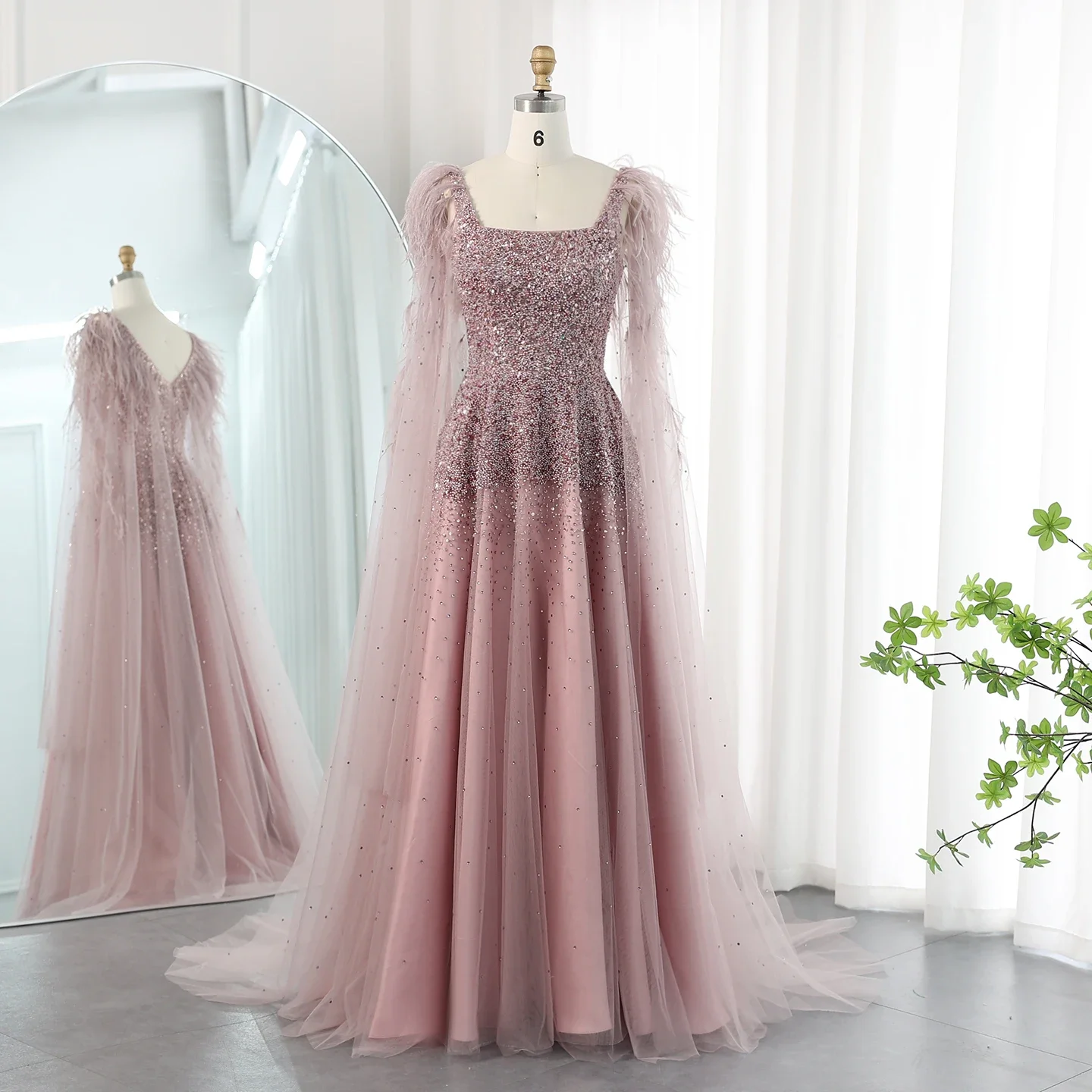 Sharon Said Luxury Dusty Pink Feathers Arabic Evening Dresses with Cape for Women Dubai Turkey Party Gowns SS406 Customized