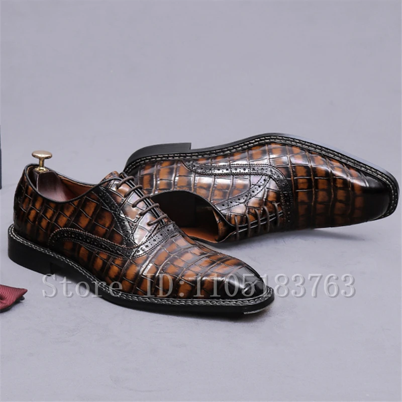 Men's Checkered Pattern Genuine Leather Shoes British Style Handmade Lace Up Cowhide Business Formale Dresa Shoes