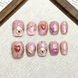 10 Pieces Pink Sweet and Cute Press On Nails Handmade Beauty Girl Temperament Short Ballet False Nail Patches Removable