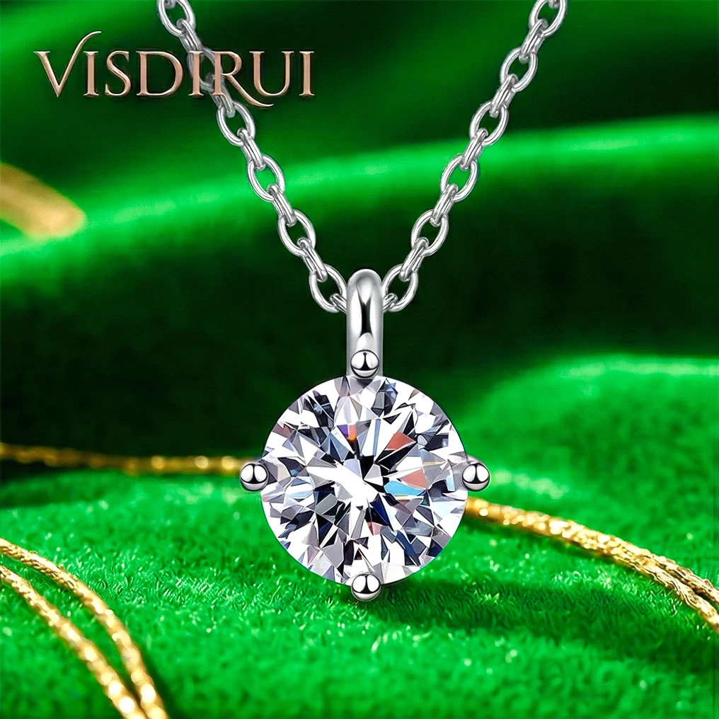 

VISDIRUI Solitaire Moissanite Pendant Necklace S925 Silver D Color VVS1 0.5-3ct Round Cut O Chain Fine Jewelry Wedding Gift Her