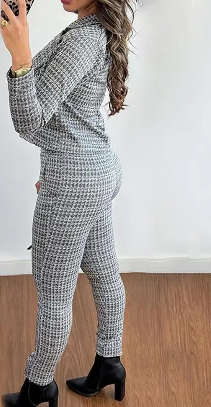 Ensemble haut et pantalon à nombril ouvert imprimé pied-de-poule pour femmes, veste à col cranté, vêtements de connaissance chauds, nouvelle mode, 2023