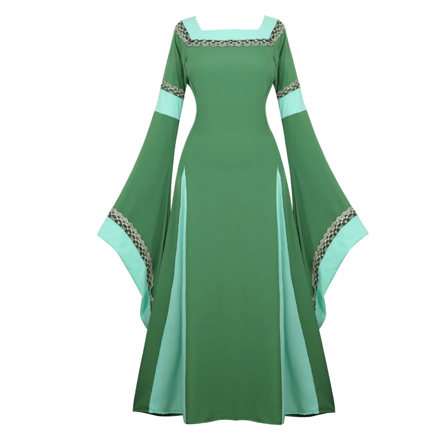 Vrouwen Middeleeuwse Renaissance Trompet Mouw Retro Vloerlengte Jurk Kanten Afwerking Ierse Over Lange Jurk Halloween Kostuum Plus Size