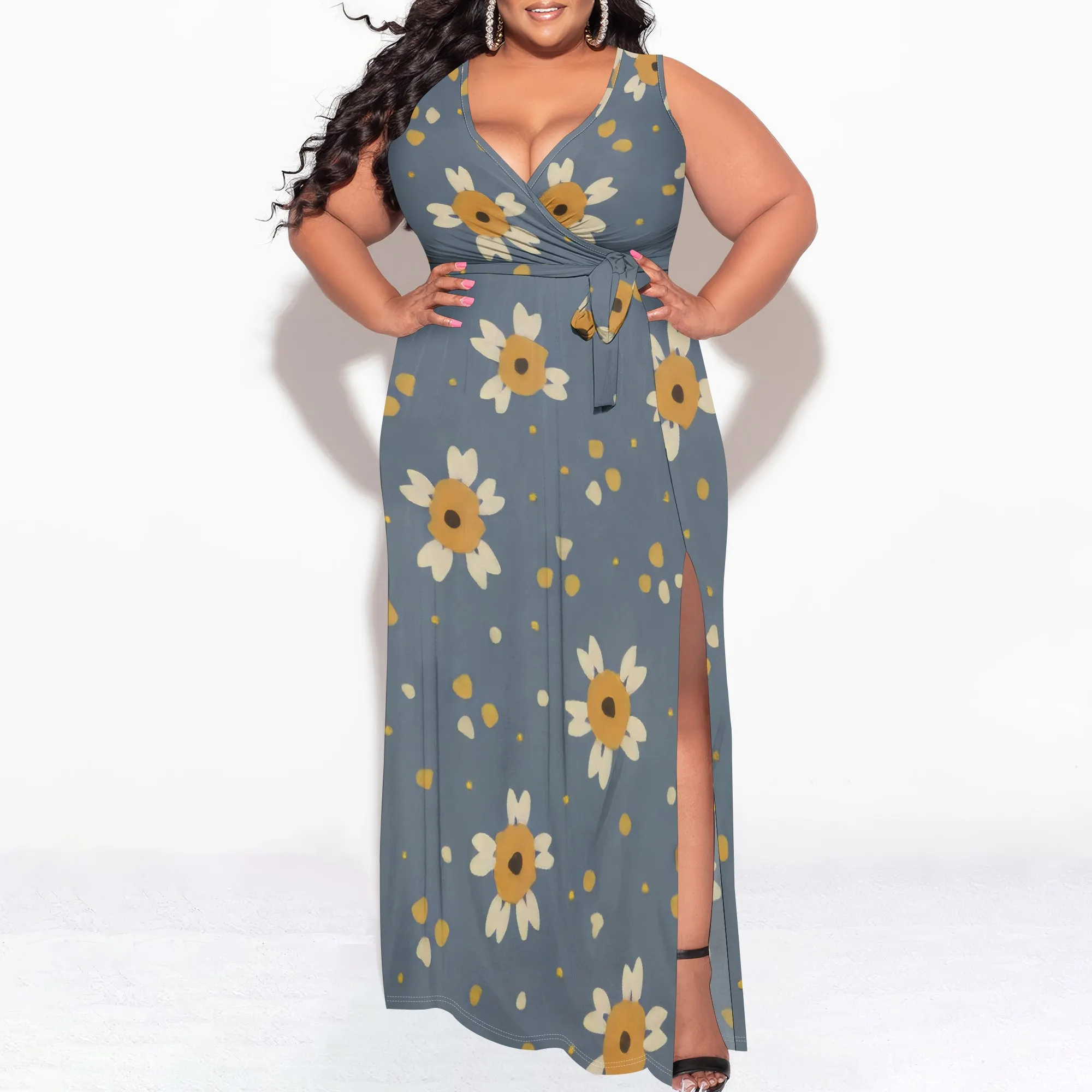 

Women's Plus Size Maxi Dresses Floral Print Sleeveless Side Split Sexy V Neck Tank Top Wrap Dress with Belt (XL-6XL)