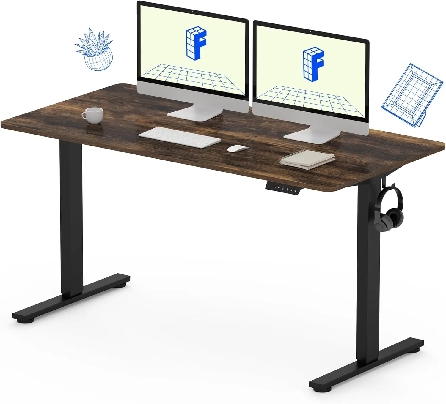 Adjustable office desk, 55x28 electric standing desk as a whole (black frame+country style tabletop, 2-piece set)