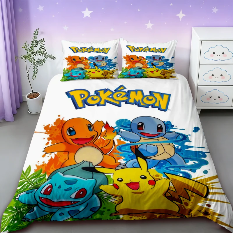

Pikachuzd Bedding Set Cartoon Anime Children Bedroom Quilt Cover Boy Girl Bedclothes Single Double King Pikachu Duvet Cover Gift