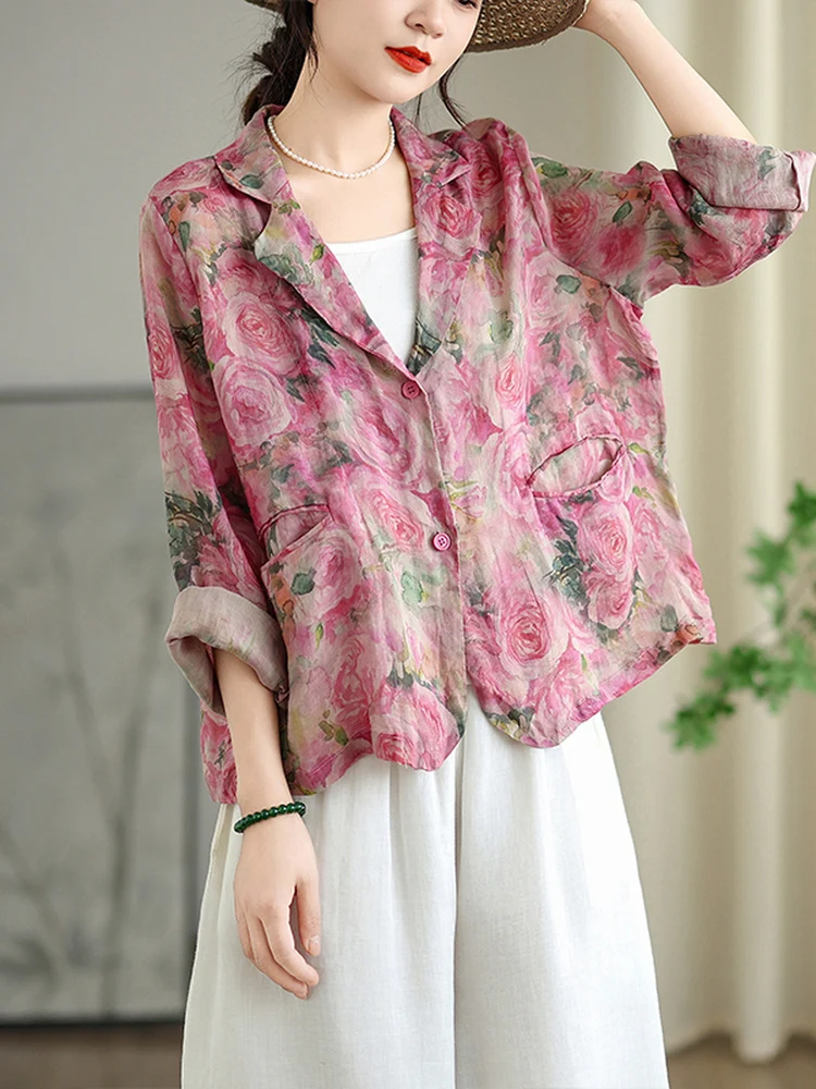 

Casual Style Floral Print Linen Jacket Women's Spring Summer Lightweight Breathable Long Sleeve Suit Coat Elegant Ageless